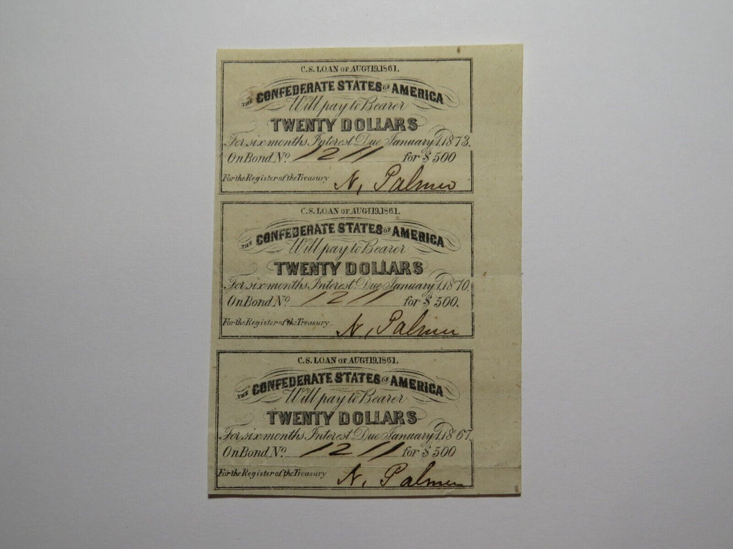 $20 1861 Confederate Bond Coupon Certificate Uncut Sheet Currency Bank Note Bill