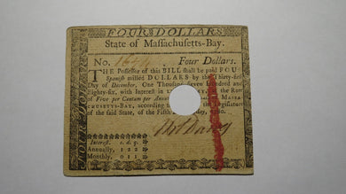 $4 1780 Massachusetts Bay MA Colonial Currency Note Bill Four Dollars Revolution