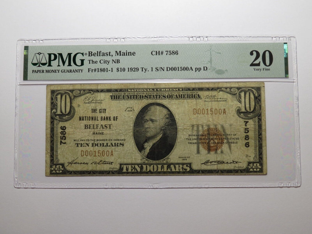 $10 1929 Belfast Maine ME National Currency Bank Note Bill Charter #7586 VF20