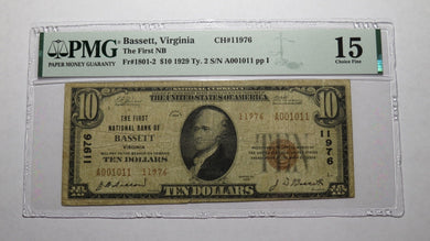 $10 1929 Bassett Virginia VA National Currency Bank Note Bill Ch #11976 F15 PMG