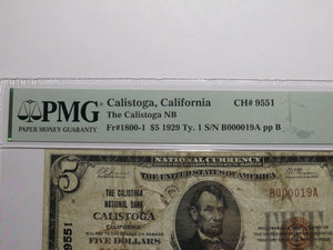 $5 1929 Calistoga California National Currency Bank Note Bill Ch. #9551 F15 PMG