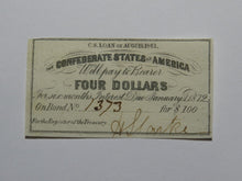 Load image into Gallery viewer, $4 1861 Confederate Bond Coupon Certificate Currency Bank Note Bill UNC