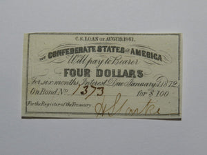 $4 1861 Confederate Bond Coupon Certificate Currency Bank Note Bill UNC