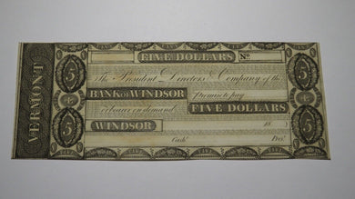 $5 18__ Windsor Vermont VT Obsolete Currency Bank Note Bill Remainder AU+++
