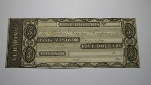 $5 18__ Windsor Vermont VT Obsolete Currency Bank Note Bill Remainder AU+++