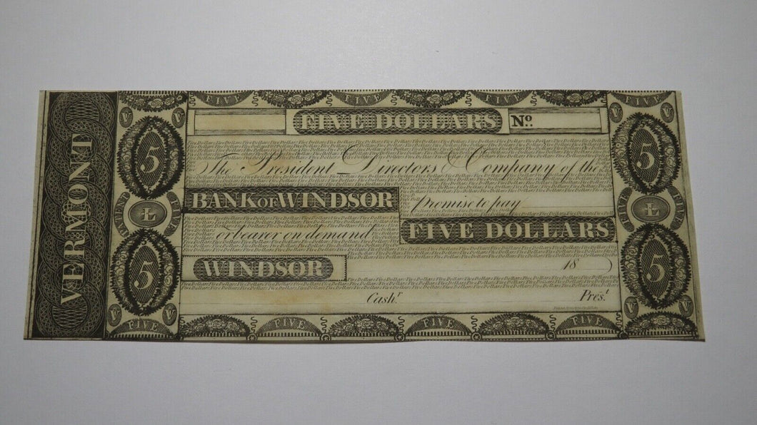 $5 18__ Windsor Vermont VT Obsolete Currency Bank Note Bill Remainder AU+++