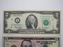 Load image into Gallery viewer, $2 2003 &amp; $5 2021 Matching Radar Serial Numbers Federal Reserve Bank Note Bills