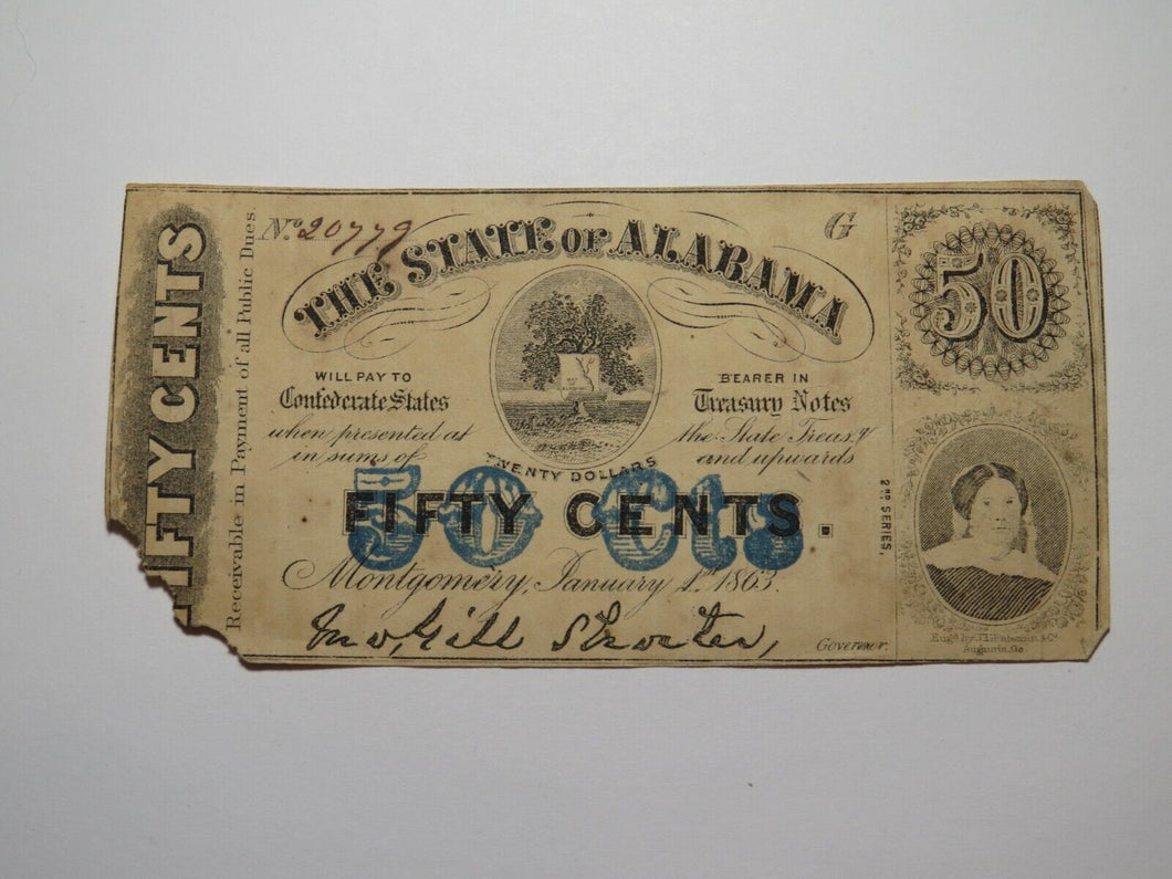 $.50 1863 Montgomery Alabama AL Obsolete Currency Bank Note Bill State of AL