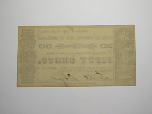 $.50 1862 Richmond Virginia Obsolete Currency Bank Note Bill City of Rich. UNC++