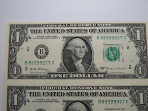 $1 2017 Uncut New York BEP Uncirculated Currency Sheet 2 Federal Reserve Notes