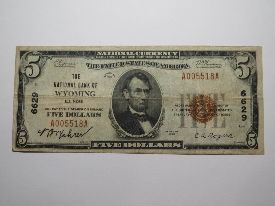 $5 1929 Wyoming Illinois IL National Currency Bank Note Bill! Ch #6629 Fine+