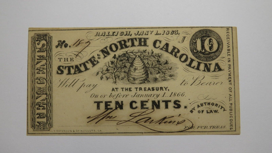 $.10 1863 Raleigh North Carolina Obsolete Currency Bank Note Bill State of NC XF