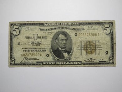 $5 1929 Chicago Illinois National Currency Federal Reserve Bank Note Bill Good