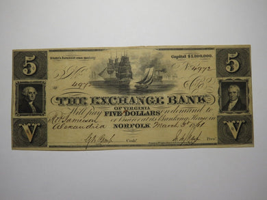 $5 1861 Norfolk Virginia VA Obsolete Currency Bank Note Bill The Exchange Bank