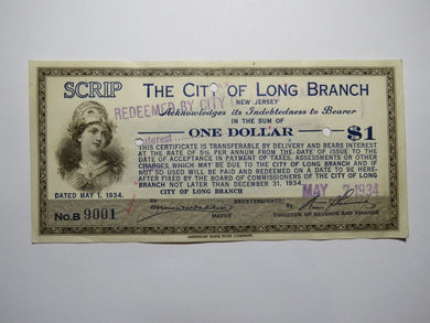 $1 1934 Long Branch New Jersey NJ Obsolete Currency Bank Note Scrip City of LB