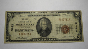 $20 1929 McKees Rocks Pennsylvania PA National Currency Bank Note Bill 5142 Fine