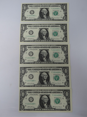 5 $1 2017 Consecutive Serial Numbers Federal Reserve Bank STAR Notes New York *