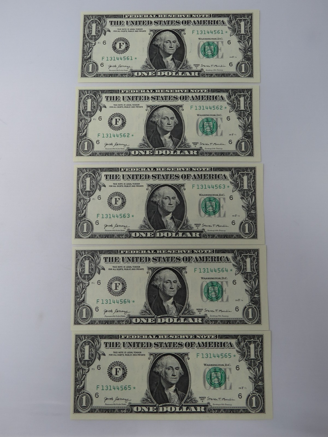 5 $1 2017 Consecutive Serial Numbers Federal Reserve Bank STAR Notes New York *