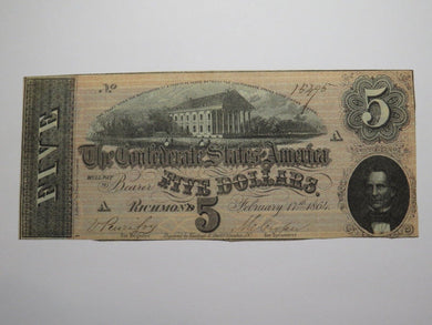 $5 1864 Richmond Virginia VA Confederate Currency Bank Note Bill RARE T69 VF