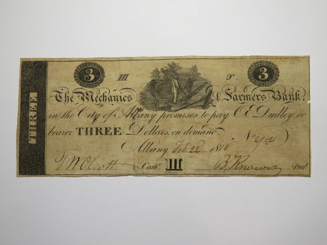 $3 1818 Albany New York Obsolete Currency Bank Note Bill Mechanics Farmers Bank