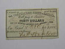 Load image into Gallery viewer, $40 1861 Confederate Bond Coupon Certificate Currency Bank Note Bill UNC