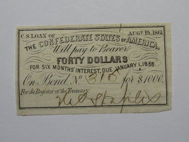 $40 1861 Confederate Bond Coupon Certificate Currency Bank Note Bill UNC