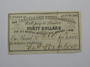 $40 1861 Confederate Bond Coupon Certificate Currency Bank Note Bill UNC