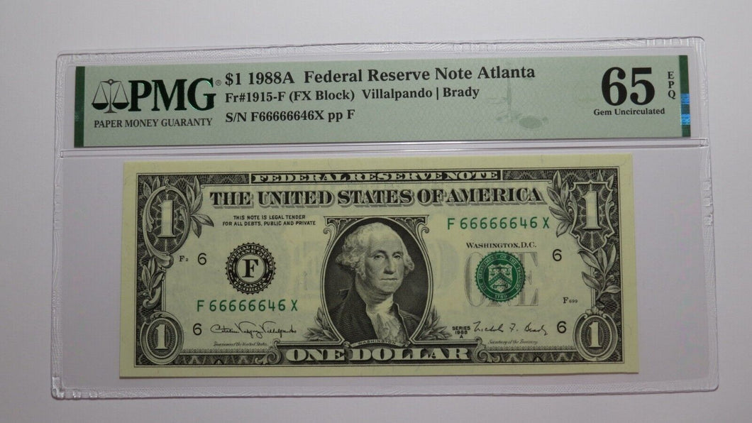 $1 1988 Near Solid Serial Number Federal Reserve Bank Note Bill UNC65 #66666646