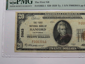 $20 1929 Hanford California National Currency Bank Note Bill Ch. #5863 VF30