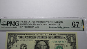 $1 2017 Repeater Serial Number Federal Reserve Currency Bank Note Bill PMG UNC67