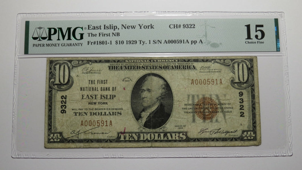 $10 1929 East Islip New York NY National Currency Bank Note Bill Ch. #9322 PMG