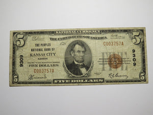 $5 1929 Kansas City Kansas KS National Currency Bank Note Bill Ch #9309 FINE