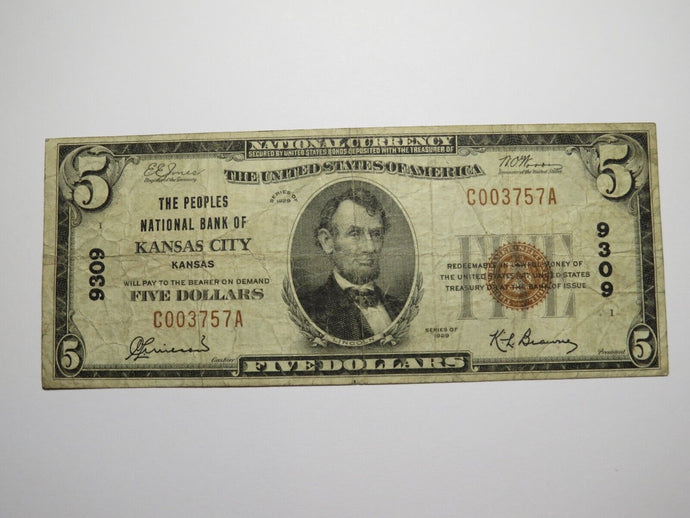 $5 1929 Kansas City Kansas KS National Currency Bank Note Bill Ch #9309 FINE