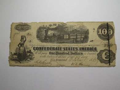 $100 1862 Richmond Virginia VA Confederate Currency Bank Note Bill RARE Type 40
