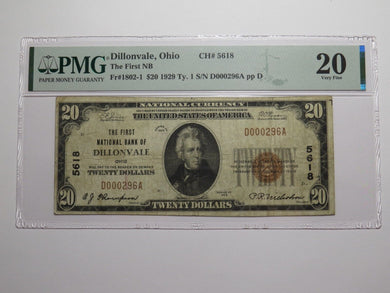 $20 1929 Dillonvale Ohio OH National Currency Bank Note Bill Charter #5618 VF20
