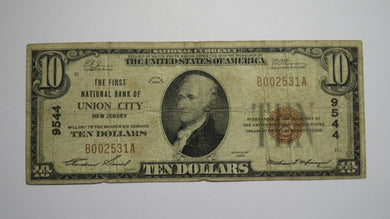 $10 1929 Union City New Jersey NJ National Currency Bank Note Bill #9544 Fine+