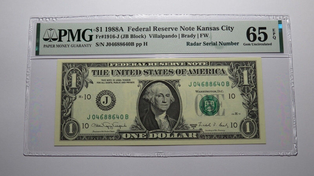 $1 1988 Radar Serial Number Federal Reserve Currency Bank Note Bill PMG UNC65EPQ