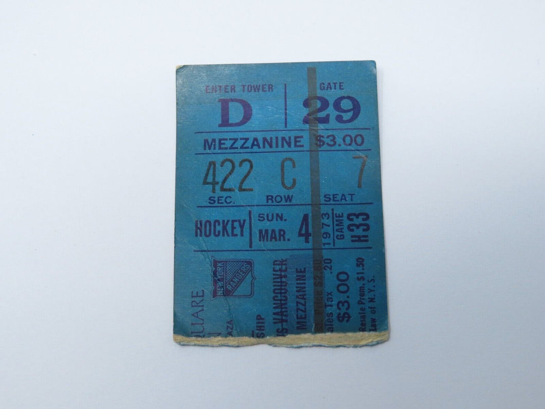March 4, 1973 New York Rangers Vs. Vancouver Canucks NHL Hockey Ticket Stub