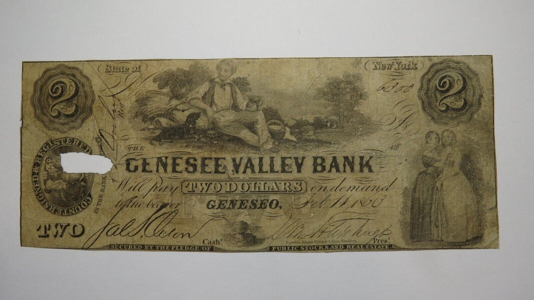 $2 1863 Geneseo New York NY Obsolete Currency Bank Note Bill Genesee Valley Bank