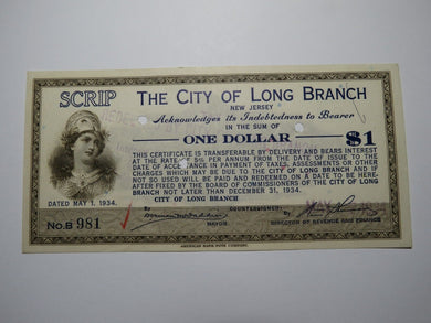 $1 1934 Long Branch New Jersey NJ Obsolete Currency Bank Note Scrip City of LB