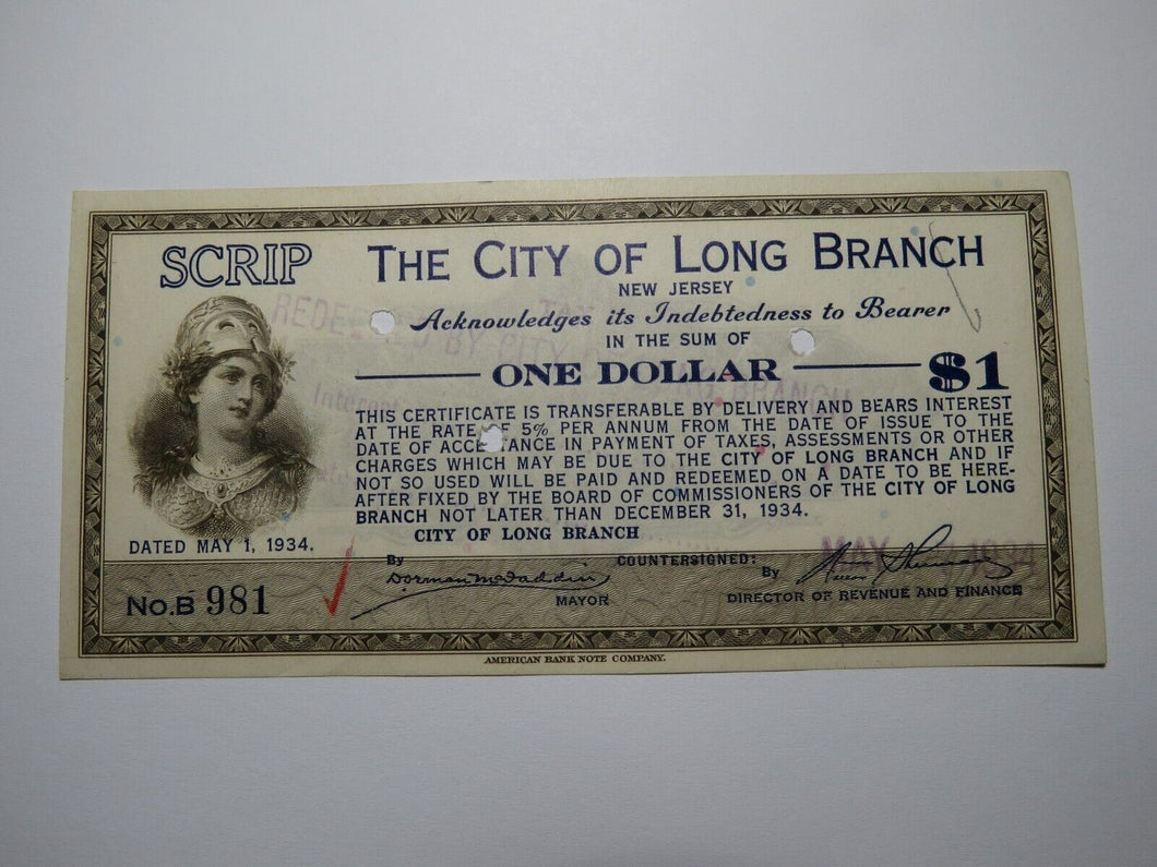 $1 1934 Long Branch New Jersey NJ Obsolete Currency Bank Note Scrip City of LB