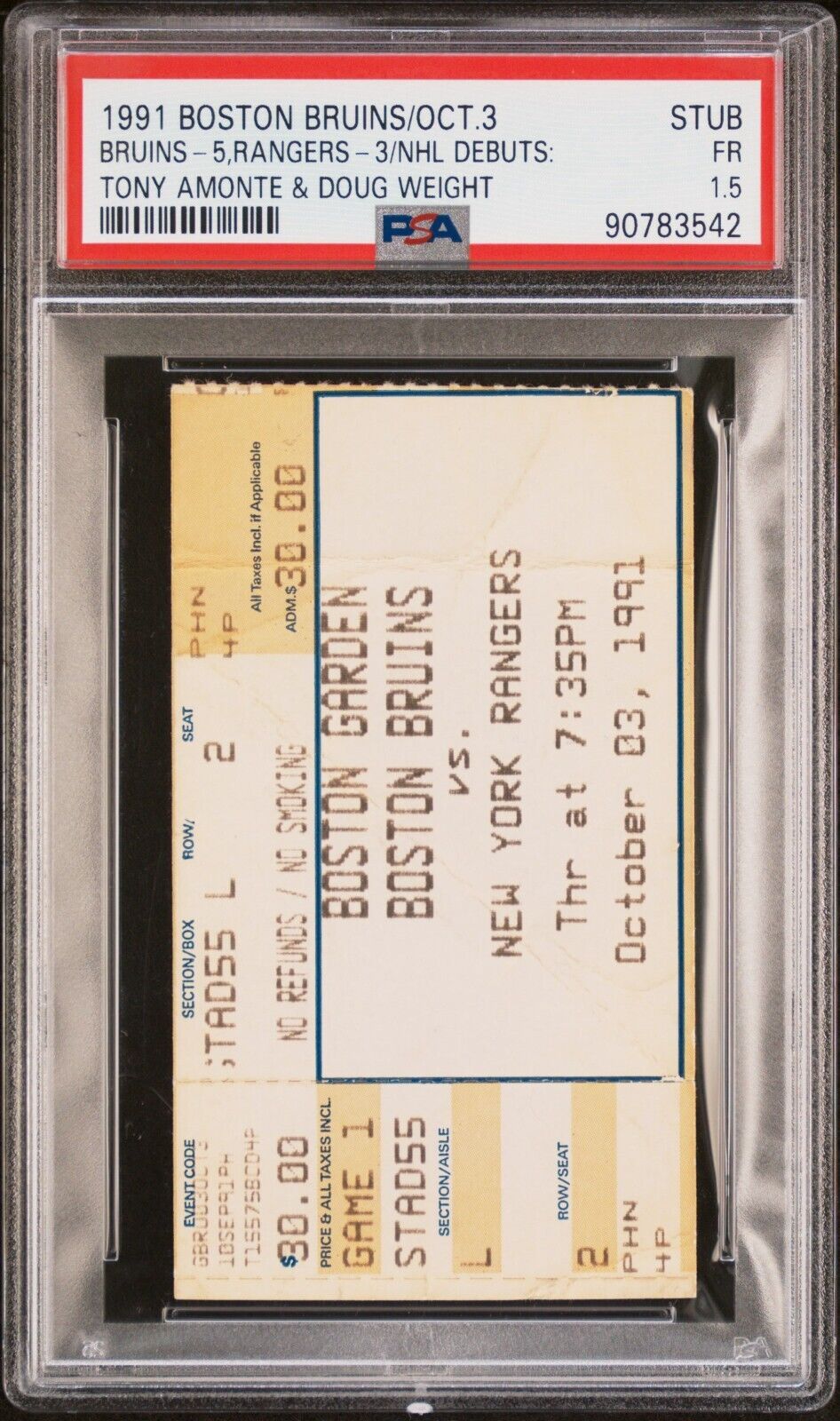 10/3/91 NY Rangers Bruins Hockey Ticket Stub Tony Amonte Doug Weight NHL Debut