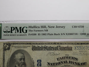 $5 1902 Mullica Hill New Jersey NJ National Currency Bank Note Bill #6728 F15