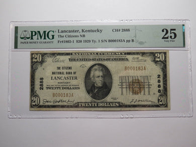 $20 1929 Lancaster Kentucky National Currency Bank Note Bill Ch. #2888 VF25 PMG