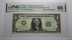 $1 2017 Radar Serial Number Federal Reserve Currency Bank Note Bill PMG UNC66EPQ