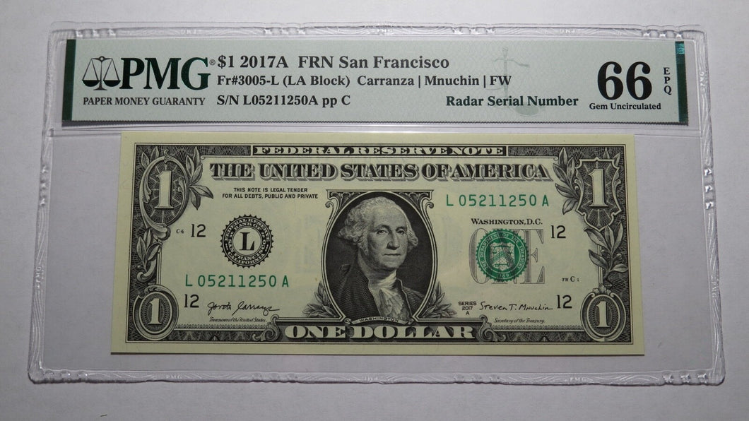 $1 2017 Radar Serial Number Federal Reserve Currency Bank Note Bill PMG UNC66EPQ