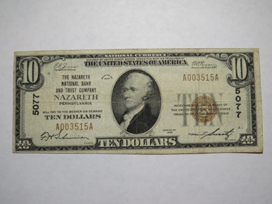 $10 1929 Nazareth Pennsylvania PA National Currency Bank Note Bill! #5077 FINE+