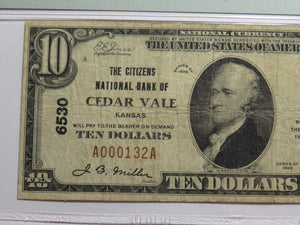 $10 1929 Cedar Vale Kansas KS National Currency Bank Note Bill Ch. #6530 VF20