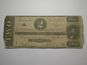 $2 1864 Richmond Virginia VA Confederate Currency Bank Note Bill RARE T70 Good