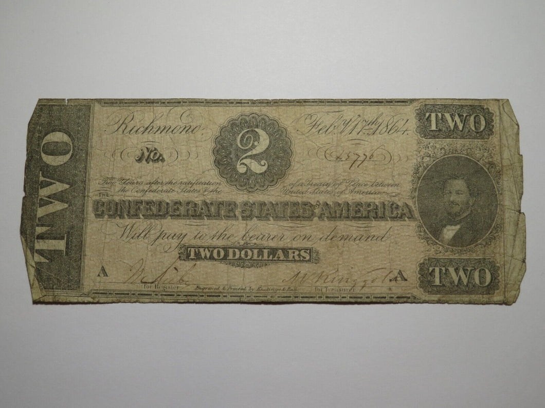 $2 1864 Richmond Virginia VA Confederate Currency Bank Note Bill RARE T70 Good